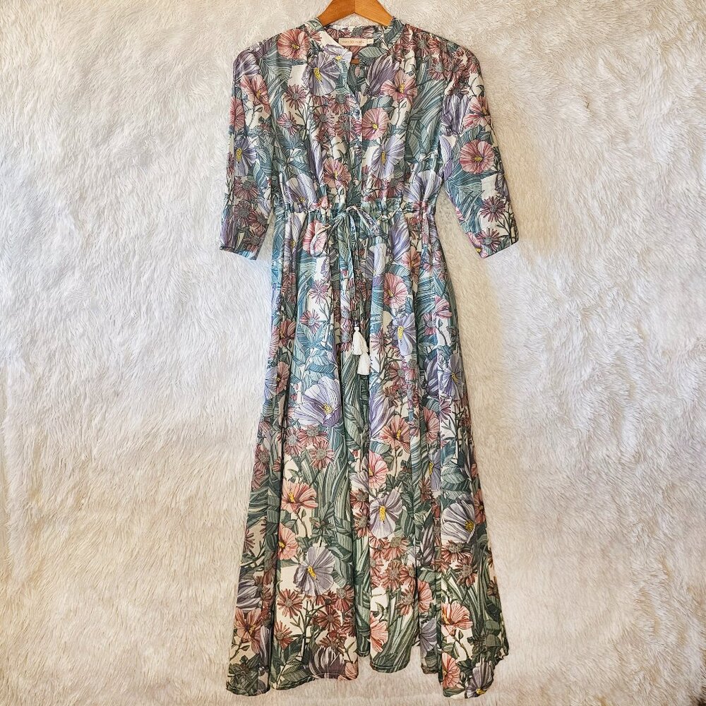 Tory Burch Maxi Floral Cotton Voile Drawstring Shirt-dress M/M